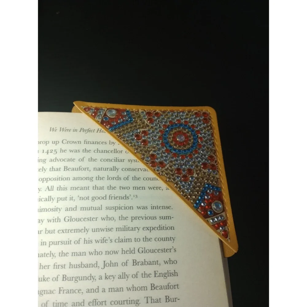 Handmade Diamond Painting Corner Bookmark Yellow Faux Leather Page Holder 3.75